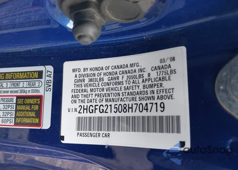 2008 Honda Civic Si z USA, uszkodzony, nr VIN 2HGFG21508H704719